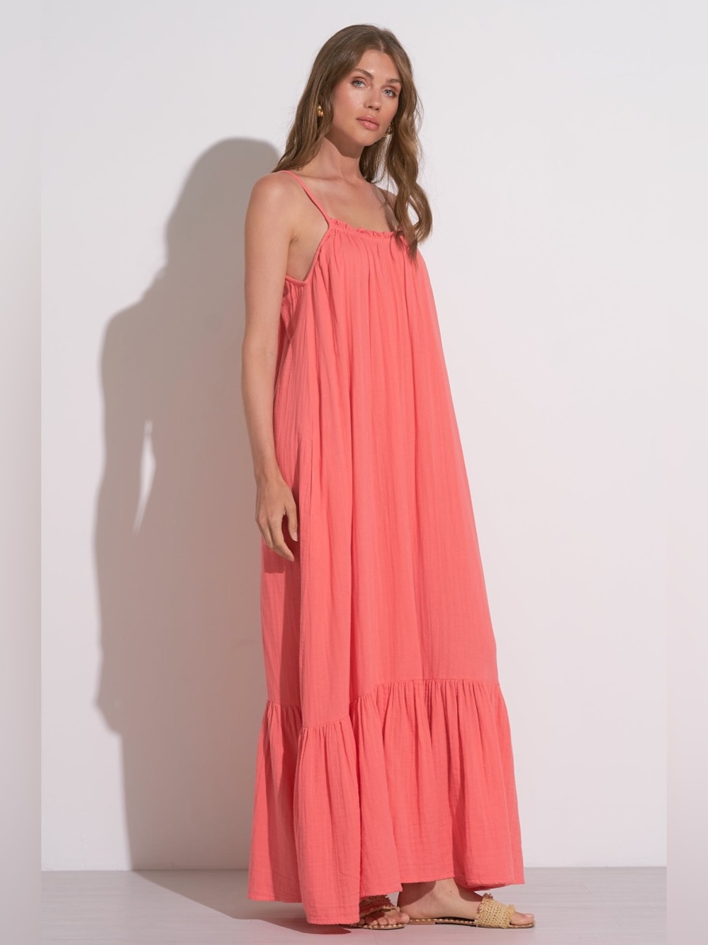 Sleeveless Coral Maxi Dress with Ruffle Hem